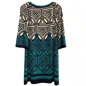 ELIZA J‎  Green Black 3/4 sleeve Geometric lined Shift Dress- Size 4